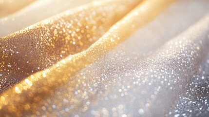 Poster - Luxurious fabric close-up showcasing shimmering gold and silver tones with ample space for text overlay and design elements.
