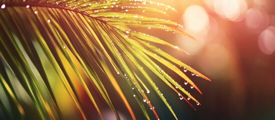 Poster - Closeup of a palm tree leaf adorned with water droplets against a vibrant natural background for advertising or design purposes