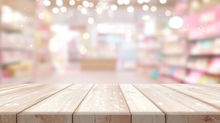 Poster - Wooden table foreground with blurred snack shop bokeh background and glistening lights ideal for advertising and promotional content.