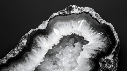 Poster - Geode crystal detail in black and white with clear space for text and design elements suitable for various creative projects.