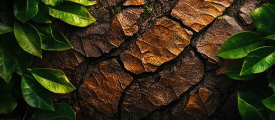 Poster - Textured tree bark illuminated by sunlight surrounded by green leaves ideal for nature-themed wallpapers and digital designs.