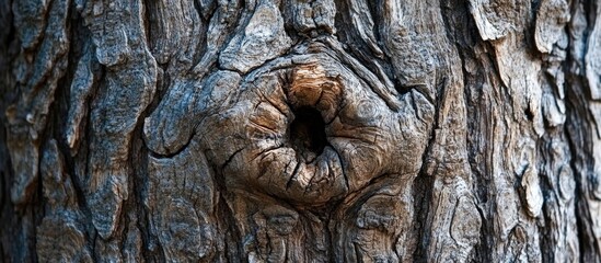 Poster - Close-up of intricate knot in aged tree bark showcasing natural textures and patterns in wood.
