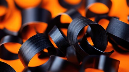 Poster - Close up view of black metal spiral shavings on bright orange background showcasing abstract industrial design with ample space for text.