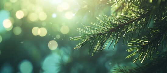 Poster - Closeup of green pine leaves illuminated by sunlight creating a serene background for nature and evergreen tree themes