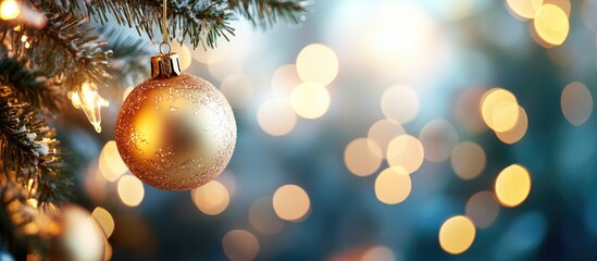 Poster - Festive close-up of golden Christmas ornament on tree with glowing lights and bokeh background for holiday greeting card designs.
