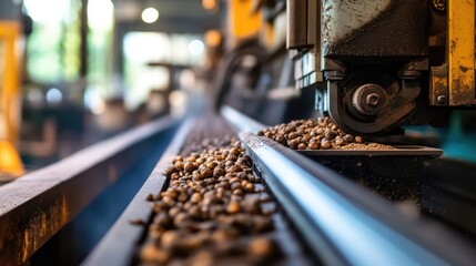 Poster - Raw materials being loaded into an industrial machine in a factory, representing the start of the manufacturing process, with focus on quality and local sourcing.