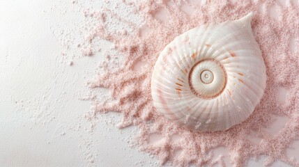 Poster - Spiral seashell on pink sand with white background showcasing natural beauty and ample space for text or branding.