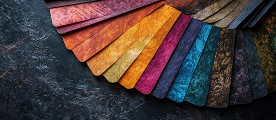 Poster - Colorful palette fan showcasing a variety of textures arranged on a dark studio background for design and artistic inspiration