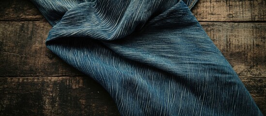 Poster - Closeup of textured blue denim fabric draped on rustic wooden background showcasing variety and detail in fabric and surface.