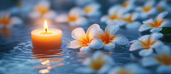 Poster - tranquil closeup of floating frangipanis and a glowing orange candle in serene water creating a calm