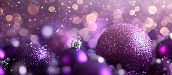 Poster - Close up of shimmering purple Christmas ornaments with bokeh background creating a festive and elegant holiday atmosphere