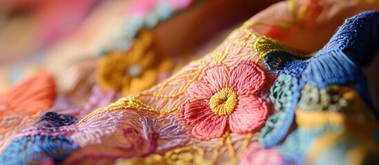 Poster - Vibrant closeup of intricate embroidered floral patterns on colorful fabric showcasing textile craftsmanship and artistry