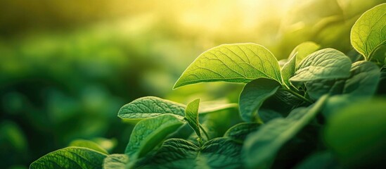 Poster - Closeup of vibrant green potato leaves showcasing textured details in a soft focus potato farm background during golden hour lighting