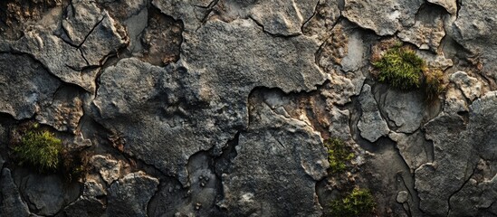 Poster - Textured close-up of a weathered concrete surface with moss showcasing natural aging and imperfections for background or design use.