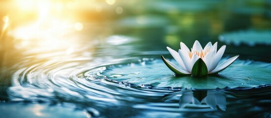 Poster - Serene close-up of a lotus flower and leaf floating in still water with gentle ripples and soft glowing light in a tranquil pond setting