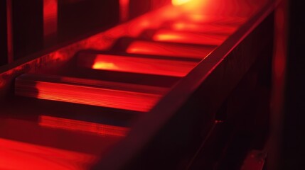 Poster - Red-hot metal bars moving along a conveyor belt in a factory, glowing with intense heat, showcasing the high-temperature processes used in industrial metal production.