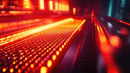 Poster - Red-hot metal bars moving along a conveyor belt in a factory, glowing with intense heat, showcasing the high-temperature processes used in industrial metal production.