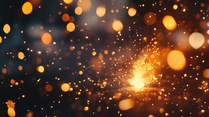 Fototapete - Close up of welding sparks with bokeh effect creating vibrant energy and empty space for adding text or promotional messaging.