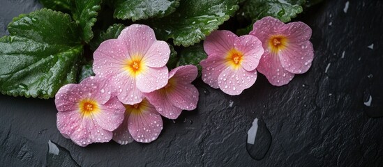 Poster - Close up of delicate pink primrose flowers with raindrops on lush leaves against a dark background suitable for text overlay.