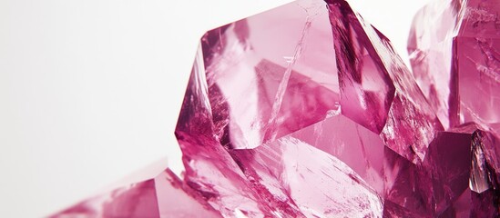 Poster - Closeup macro shot of a stunning pink Amethyst crystal showcasing intricate facets against a clean white background.