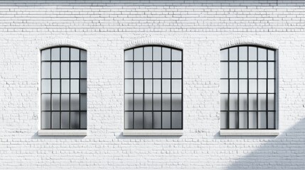 Poster - Close up of white brick wall featuring three arched windows providing ample empty space for text or graphic placement in an industrial setting