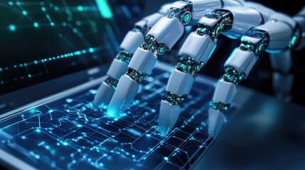 Poster - Robots working together at a high-tech workstation under blue and green LED lighting, emphasizing the innovation and interconnectedness of modern robotics.
