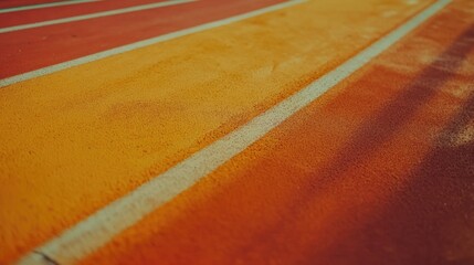 Close up of vibrant running track lanes showcasing markings and warm colors ideal for sports themes and promotional text space