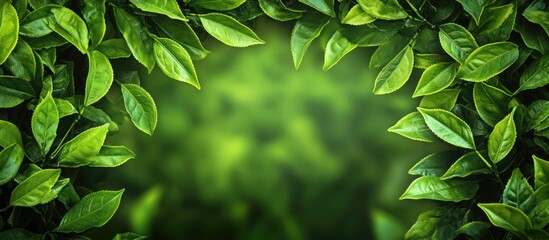 Poster - Close up of lush green tea leaves surrounded by a soft focus background ideal for overlaying text or branding elements.