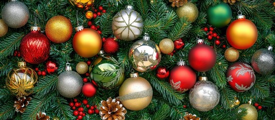 Poster - Close up of colorful Christmas ornaments on a festive tree creating a joyful New Year atmosphere