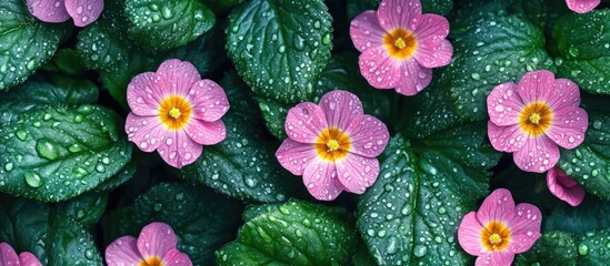 Poster - Close up of pink primrose flowers with raindrops on lush green leaves top view with space for text and design elements