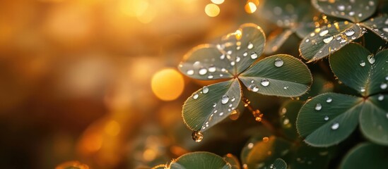 Poster - Clover leaves adorned with morning dew and water droplets in a soft abstract background highlighting Mocha Mousse color of the year 2025