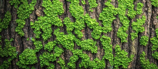 Poster - Moss-covered tree trunk showcasing natural texture and ecological beauty in a vibrant green environment for nature-themed projects.