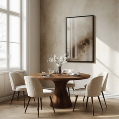 Poster - Modern Minimalist Interior Design with Round Wooden Dining Table and Beige Upholstered Chairs