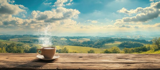 Poster - Coffee cup on wooden table overlooking serene nature landscape with blue skies and rolling hills capturing tranquility and relaxation.