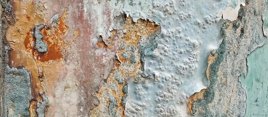 Poster - Abstract closeup of weathered concrete wall showcasing rust, peeling paint, and intricate textured patterns in earthy tones for backgrounds.