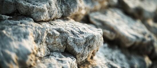 Poster - Closeup view of textured sedimentary limestone rocks showcasing intricate details and natural patterns in selective focus lighting