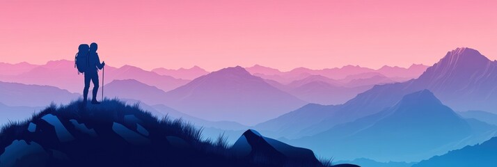 Aufkleber - Silhouette of a hiker overlooking expansive mountain landscape at sunset with open space for text. Generative AI