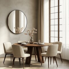 Poster - Minimalist Scandinavian Interior Design with Round Wooden Dining Table and Beige Upholstered Chairs