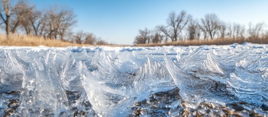 Poster - Closeup of intricate frozen ice patterns on the ground highlighting nature's beauty after a winter storm on a clear day.