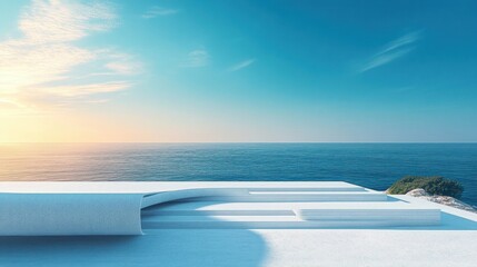 Poster - Minimalist Coastal Product Display Podium with Ocean View and Soft Sunlight