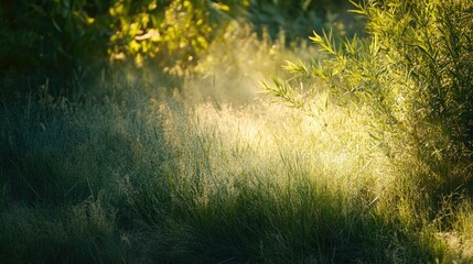 Poster - sunlight filtering through vibrant green grass in a serene meadow creating a warm, inviting atmosphe