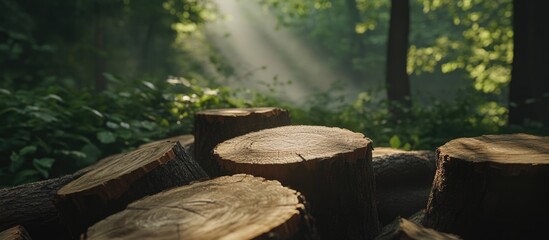 Poster - Closeup of a pile of cut wood stumps in a tranquil forest with sunlight filtering through the trees creating a serene atmosphere.