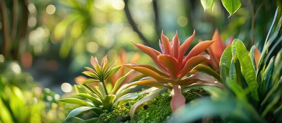 Poster - Close-up view of vibrant succulent plants in a lush botanical garden with soft bokeh effect and natural sunlight illuminating the scene.