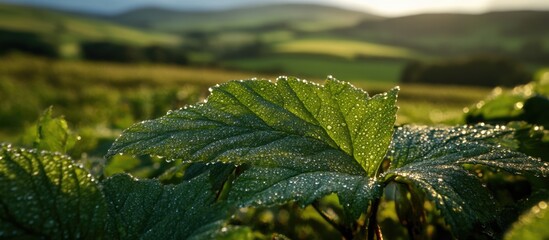 Poster - dew-kissed leaf closeup with lush scottish landscape in background capturing nature's beauty and ser