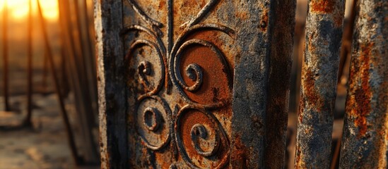 Poster - Close up of rusted steel doors featuring intricate designs in an irrigation system with a warm orange flare in the background
