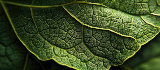 Poster - detailed closeup of vibrant green leaves showcasing intricate textures and patterns in a dark natura