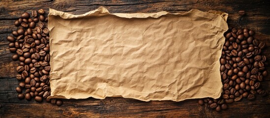 Poster - Coffee beans arrangement with crumpled paper on rustic wooden surface for beverage branding or menu design.