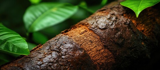 Poster - Close-up view of a textured brown tree trunk surrounded by vibrant green leaves in a natural setting.
