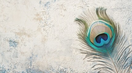 Poster - Vibrant old peacock feather close-up on textured light background with ample copy space for creative text or design elements