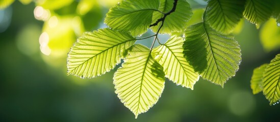 Poster - Closeup of vibrant green leaves illuminated by daylight showcasing intricate textures and natural beauty in a tranquil setting